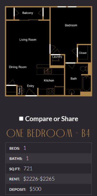 Floor plan for 1 bed, 1 bath, 721 sqft